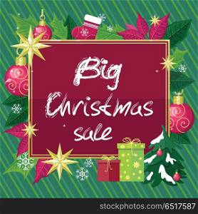 Big christmas sale vector concept. Flat design. Illustration with leaves, christmas toys, gift boxes, sock, stars, snowflakes on green striped background. Winter holidays shopping, sales and discounts. Big Christmas Sale Vector Flat Style Concept. Big Christmas Sale Vector Flat Style Concept