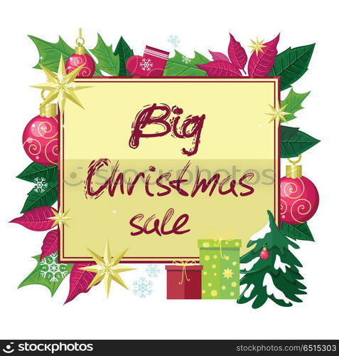 Big christmas sale vector concept. Flat design. Illustration with leaves, christmas tree toys, color gift boxes, sock, stars, snowflakes. Winter holidays shopping. For season sales and discounts ad. Big Christmas Sale Vector Flat Style Concept. Big Christmas Sale Vector Flat Style Concept