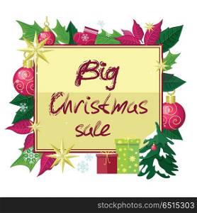 Big christmas sale vector concept. Flat design. Illustration with leaves, christmas tree toys, color gift boxes, sock, stars, snowflakes. Winter holidays shopping. For season sales and discounts ad. Big Christmas Sale Vector Flat Style Concept. Big Christmas Sale Vector Flat Style Concept