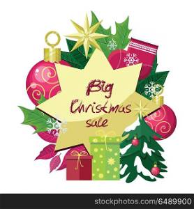 Big Christmas Sale Vector Flat Style Concept. Big christmas sale vector concept. Flat design. Illustration with leaves, christmas tree toys, color gift boxes, sock, stars, snowflakes. Winter holidays shopping. For season sales and discounts ad