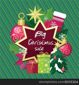 Big Christmas Sale Vector Flat Style Concept. Big christmas sale vector concept. Flat design. Illustration with leaves, christmas toys, gift boxes, sock, stars, snowflakes on green striped background. Winter holidays shopping, sales and discounts