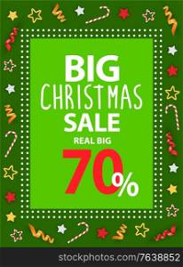 Big Christmas sale vector. Promotional poster with text and symbols of winter holidays. Frame made of dots with decorative font. Stars and candies on corners of card. Marketing of shops deal. Big Christmas Sale 70 Percent Off Price Reduction