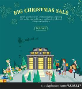 Big Christmas sale vector web banner. Flat design. People leaving store with gifts on Christmas Eve, elves packing presents in boxes. Shopping on winter holidays. For seasonal sales and discounts ad . Big Christmas Sale Flat Design Vector Web Banner. Big Christmas Sale Flat Design Vector Web Banner