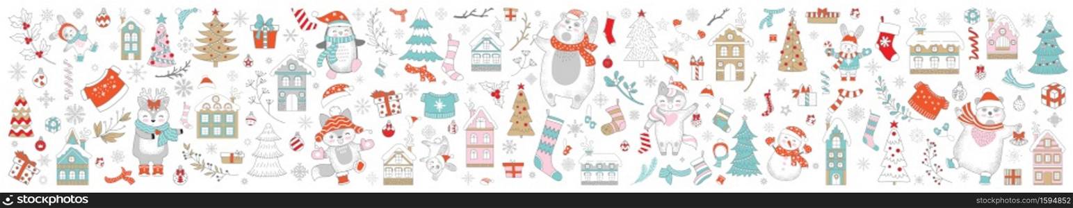Big Christmas set of Christmas symbols, characters and decorative elements isolated on white. Vector colorful horizontal banner, poster. For decor,design,congratulation cards, print, business, label. Vector horizontal banner Christmas characters on white