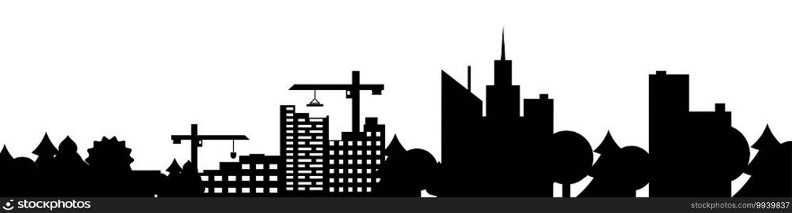 Big city and suburbs silhouette. Construction of residential buildings in the city. Construction cranes. Vector illustration.. Big city and suburbs silhouette. Construction of residential buildings in the city. Vector illustration
