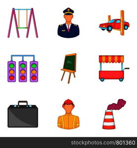 Big city icons set. Cartoon set of 9 big city vector icons for web isolated on white background. Big city icons set, cartoon style