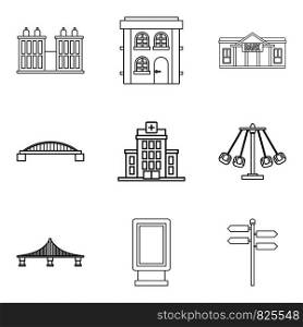 Big city icons set. Outline set of 9 big city vector icons for web isolated on white background. Big city icons set, outline style