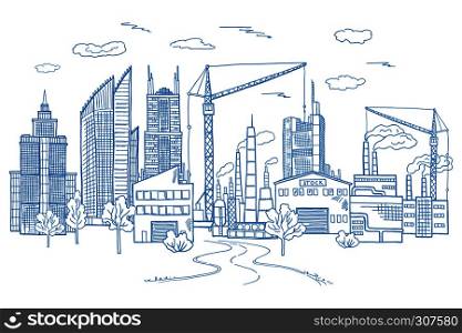 Big city landscape with different buildings. Vector hand drawn illustration. Sketch drawing architecture town with tall buildings graphic. Big city landscape with different buildings. Vector hand drawn illustrations