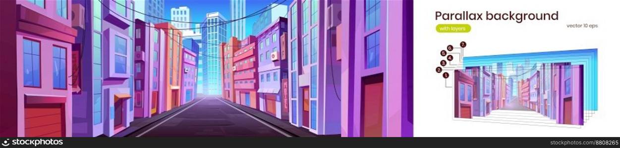 Big city street in daytime, urban architecture parallax background. Cartoon vector illustration of high-rise apartment buildings with windows and balconies, motel and shop signs. Modern cityscape. Big city street in daytime, parallax background