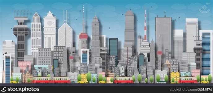 Big city with skyscrapers and small houses. Vector flat illustration