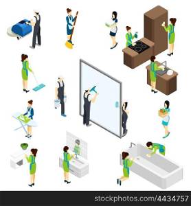 Big Cleaning isometric Pictograms Composition Poster . Professional cleaning team at work isometric icons composition banner with bathtub disinfection and furniture polishing abstract vector illustration