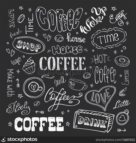 Big coffee set,hand drawn design on blackboard,vector illustration. Big coffee set,hand drawn design on blackboard
