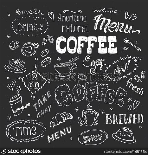 Big coffee set,hand drawn design on blackboard,vector illustration. Big coffee set,hand drawn design on blackboard