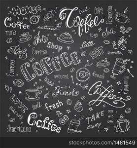 Big coffee set- signs,objects and letters,hand drawn vector illustration. Big coffee set- signs,objects and letters