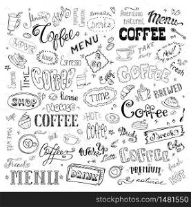 Big coffee set- signs,objects and letters,isolated on white background,hand drawn vector illustration. Big coffee set- signs,objects and letters,isolated on white back