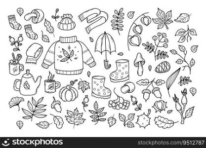 Big collection cozy autumn doodles. Knitwear, rubber boots, teapot with cup of hot tea, seasonal forest mushrooms and autumn leaves, berries. Vector illustration. Isolated outline hand drawing