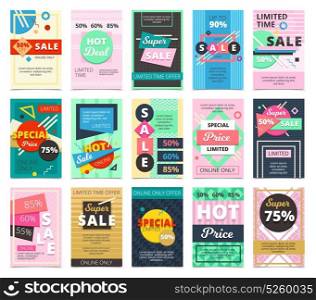 Big Collection Flat Hot Sales Banners . Hot sales 15 flat banners design set with discount rates limited offers and online only isolated vector illustration