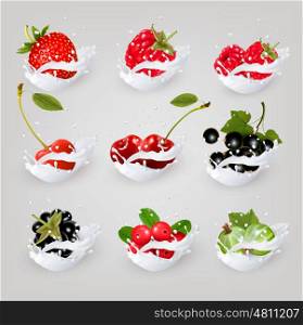 Big collection icons of fruit and berries in a milk splash. Raspberry, blackberry, strawberry, cherry, blackcurrant, blueberry. Vector Set 2.