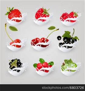 Big collection icons of fruit and berries in a milk splash. Raspberry, blackberry, strawberry, cherry, blackcurrant, blueberry. Vector Set 2.
