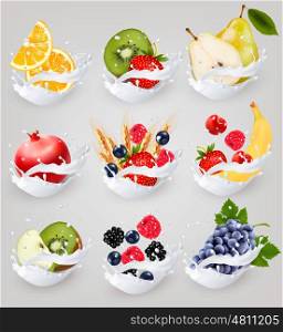 Big collection icons of fruit in a milk splash. Raspberry, strawberry, apple, blackberry, blueberry, banana, orange, wheat, pear, grapes, kiwi, pomegranate. Vector Set 4.
