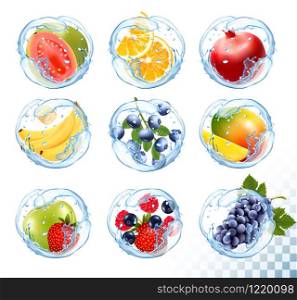 Big collection icons of fruit in a water splash. Guava, banana, orange, apple, grapes, strawberry, pomegranate, peach, mango. Vector Set