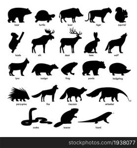 Big collection of black silhouettes of forest wild animals
