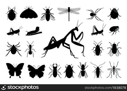 Big collection of black vector silhouettes of different insects