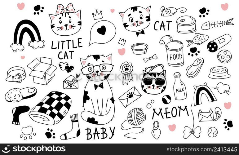 Big collection of cat characters and cat items, toys and food and feed. Vector illustration. Isolated linear hand drawn doodles for design and decor