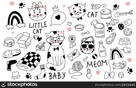 Big collection of cat characters and cat items, toys and food and feed. Vector illustration. Isolated linear hand drawn doodles for design and decor
