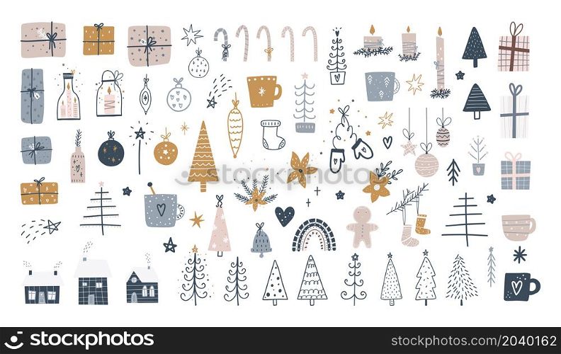 Big collection of Christmas and Happy New Year symbols. Trendy hand drawn vector illustration for posters and greeting card. Vector design templates.. Big collection of Christmas and Happy New Year symbols. Trendy hand drawn vector illustration for posters and greeting card. Vector design templates