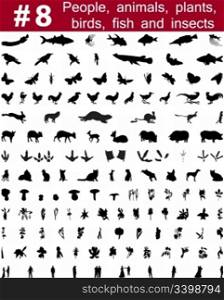 Big collection of collage vector silhouettes of people, animals, birds, fish, flowers and insects