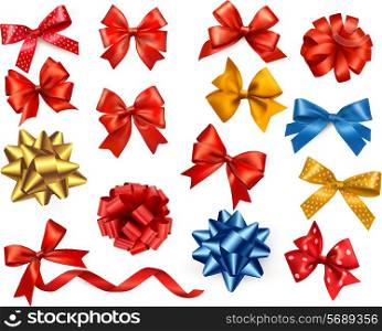 Big collection of color gift bows with ribbons. Vector illustration.
