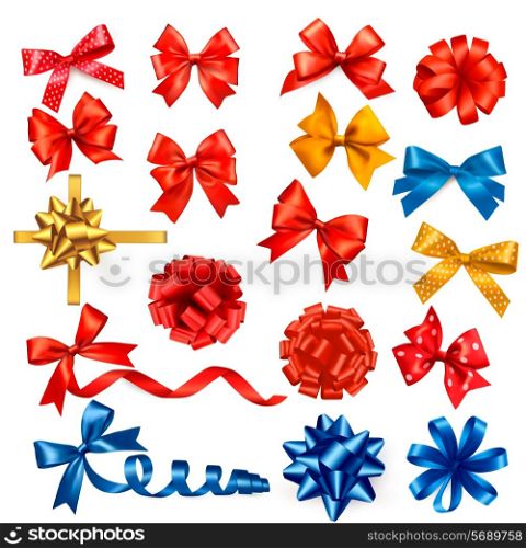 Big collection of color gift bows with ribbons. Vector illustration.