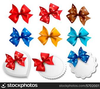 Big collection of colorful gift bows and labels. Vector illustration.