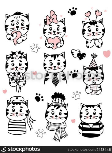 Big collection of cute cats character portraits. cat girl with bow, flowers and heart, sailor cat and birthday man with gift and in cap. Vector illustration outline. Isolated linear hand drawn doodles