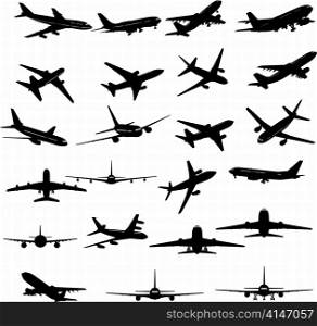 Big collection of different airplane silhouettes.