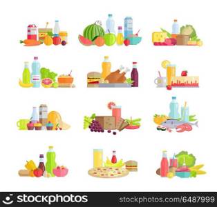 Big Collection of Food Concepts in Flat Design.. Collection of food concepts. Sets with fruits, vegetables, meat, sweets, beverages, bread, pizza, salads, sandwiches, milk products for farming grocery shop food delivery cafe menu illustrating