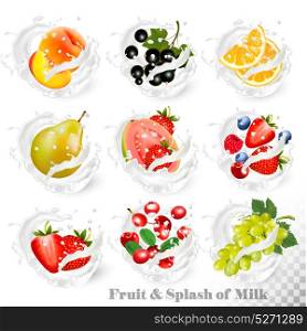 Big collection of fruit in a milk splash. Peach, orange, pear, grapes, blueberry, strawberry, raspberry and blackberry, guava. Vector.