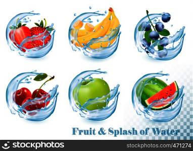 Big collection of fruit in a water splash icons. Apple, banana, watermelon, blueberry, strawberry, cherry. Vector Set