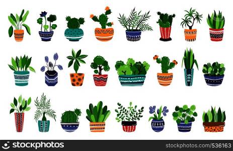 Big collection of home plants or flowers in pots, home garden or greenhouse, collection of isolated elements on white. Flat scandinavian style. Vector illustration. Vector HousePlants Set