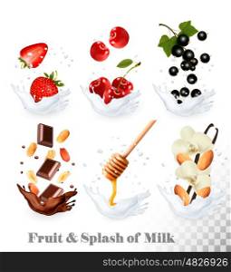 Big collection of icons of fruit and berries in a milk splash. Strawberry, vanilla, honey, nuts, chocolate, cherry, blackcurrant, peanut. Vector Set 8