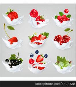 Big collection of icons of fruit and berries in a milk splash. Raspberry, blackberry, strawberry, cherry, blackcurrant, blueberry. Vector Set 2.
