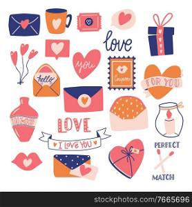 Big collection of love objects and symbols for Happy Valentine’s day. Colorful flat illustration.