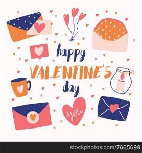 Big collection of love objects and symbols for Happy Valentine’s day. Colorful flat illustration.