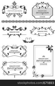 Big collection of ornate vector frames and ornaments with sample text. Perfect as invitation or announcement. All pieces are separate