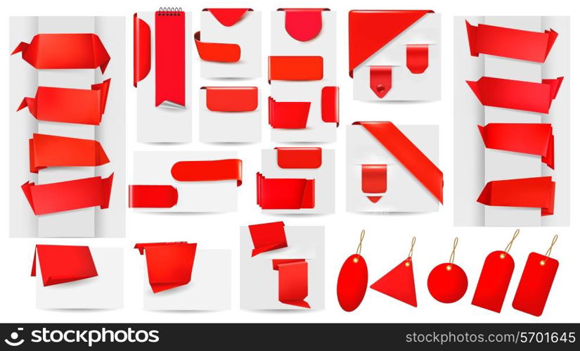 Big collection of red origami paper banners and stickers and labels.