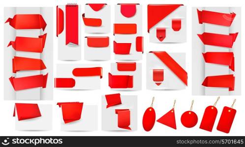 Big collection of red origami paper banners and stickers and labels.
