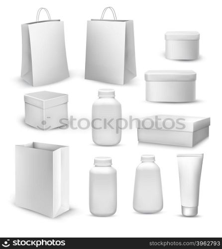 Big collection of shopping bags, gift boxes, plastic containers and cream tube. Vector