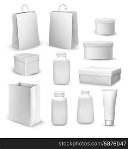 Big collection of shopping bags, gift boxes, plastic containers and cream tube. Vector