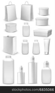 Big collection of shopping bags, gift boxes, plastic containers and cream tube. Vector